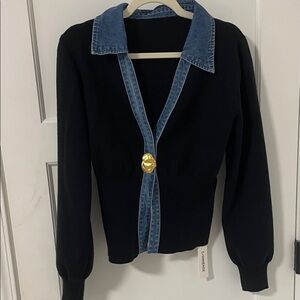 Commense Black Cardigan with Blue Trim